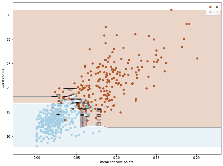 Wisconsin cancer dataset decision boundary plot for random forest